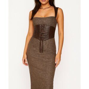 Y2K Bebe Dress Sz 10 Wool Blend Tweed Leather Corset Detail Lace Up Bodycon Slit